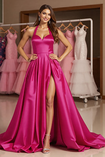 Halter A Line Fuchsia Long Prom Dress With Slit